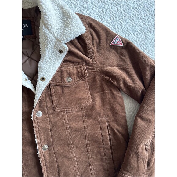 Men’s GUESS Brown Faux Fur Corduroy Snap-Button Bomber Jacket Size S - Picture 3 of 9
